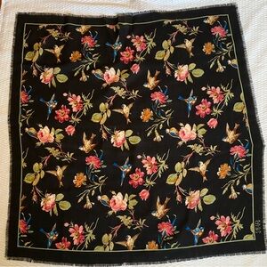 Vintage Club 7 by Echo 100% Wool Scarf - Bird & Floral Botanical Print Fringe